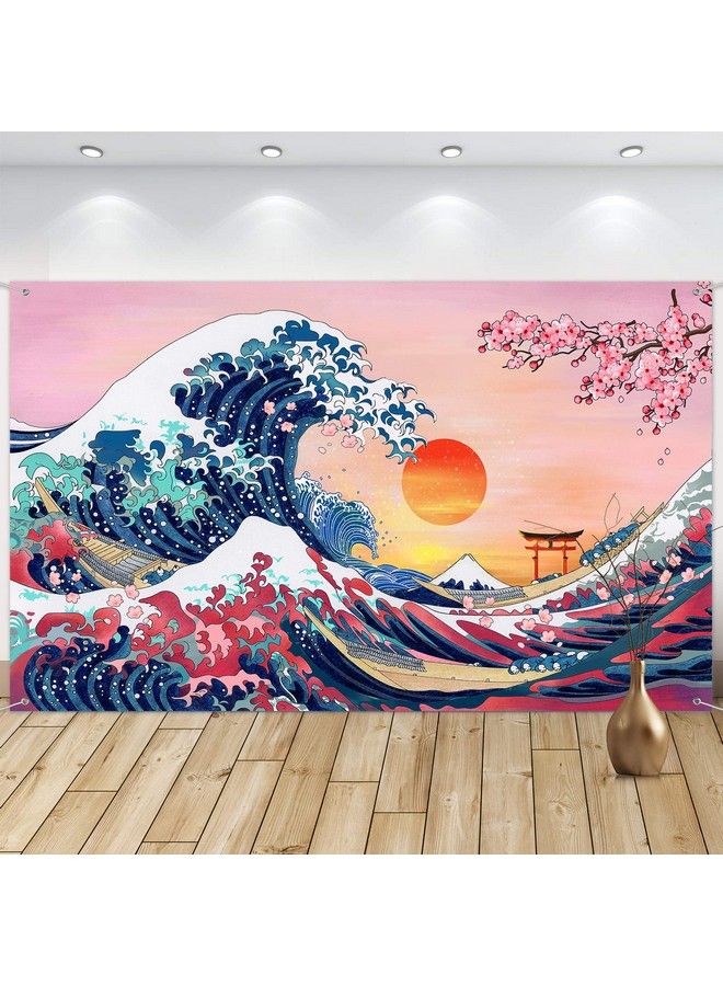 Sumind Ocean Wave Tapestry Japanese Kanagawa Backdrop Great Wave Tapestry Cherry Blossom Nature Sunset Background Wall Hanging Banner For Japanese Party Wall Home Decorations 72.8 X 43.3 Inch - Image 1