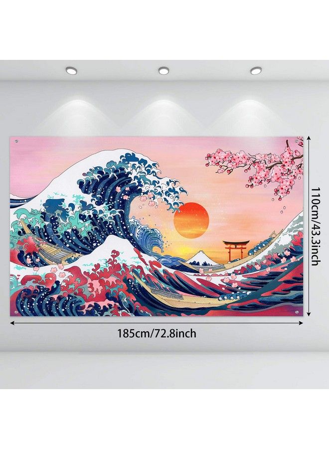 Sumind Ocean Wave Tapestry Japanese Kanagawa Backdrop Great Wave Tapestry Cherry Blossom Nature Sunset Background Wall Hanging Banner For Japanese Party Wall Home Decorations 72.8 X 43.3 Inch - Image 3