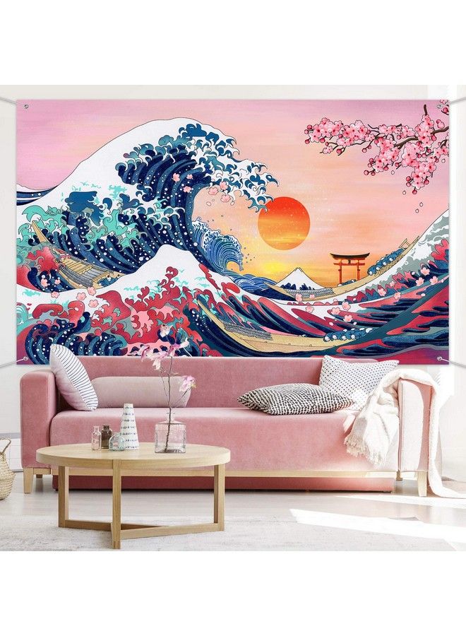 Sumind Ocean Wave Tapestry Japanese Kanagawa Backdrop Great Wave Tapestry Cherry Blossom Nature Sunset Background Wall Hanging Banner For Japanese Party Wall Home Decorations 72.8 X 43.3 Inch - Image 5