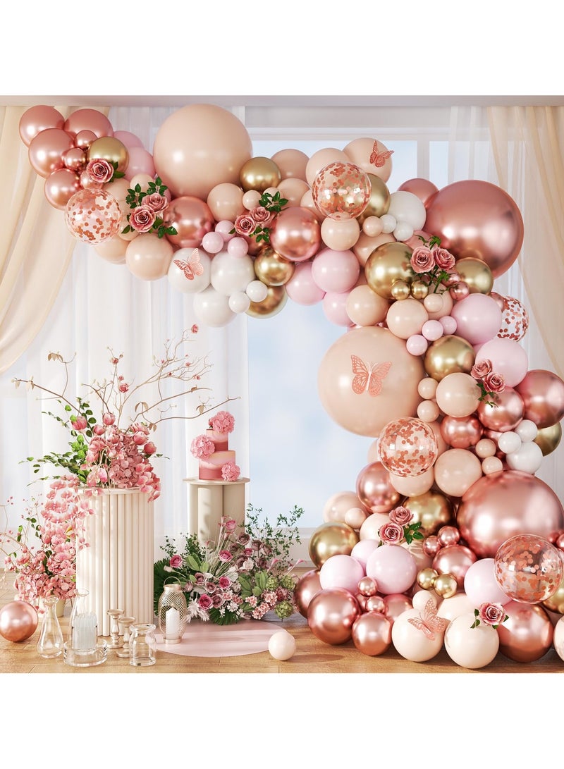 Rose Gold Balloons Garland Arch Kit, Rose Gold Birthday Decorations with Metallic Rose Gold Pearl White Nude Confetti Balloons for Women Birthday Wedding Baby Bridal Shower Party Decorations - Image 1