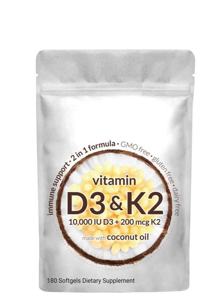 فيتامين D3 10000iu و K2 200ug دعم المناعة 2 في 1 تركيبة خالية من الكائنات المعدلة وراثيا خالية من الغلوتين خالية من الألبان - 180 كبسولة هلامية مكمل غذائي - Image 1