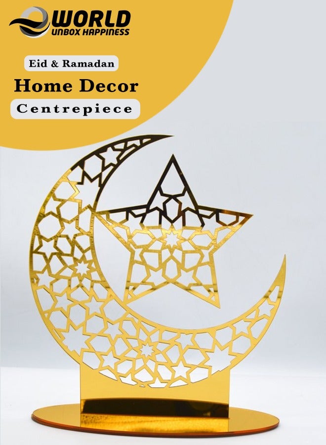 Eworld Exquisite Acrylic Ramadan and Eid Tabletop Decor for Home, Perfect Islamic Lightweight Star Crafted Crescent Ornaments, Radiant in Gold - Image 1