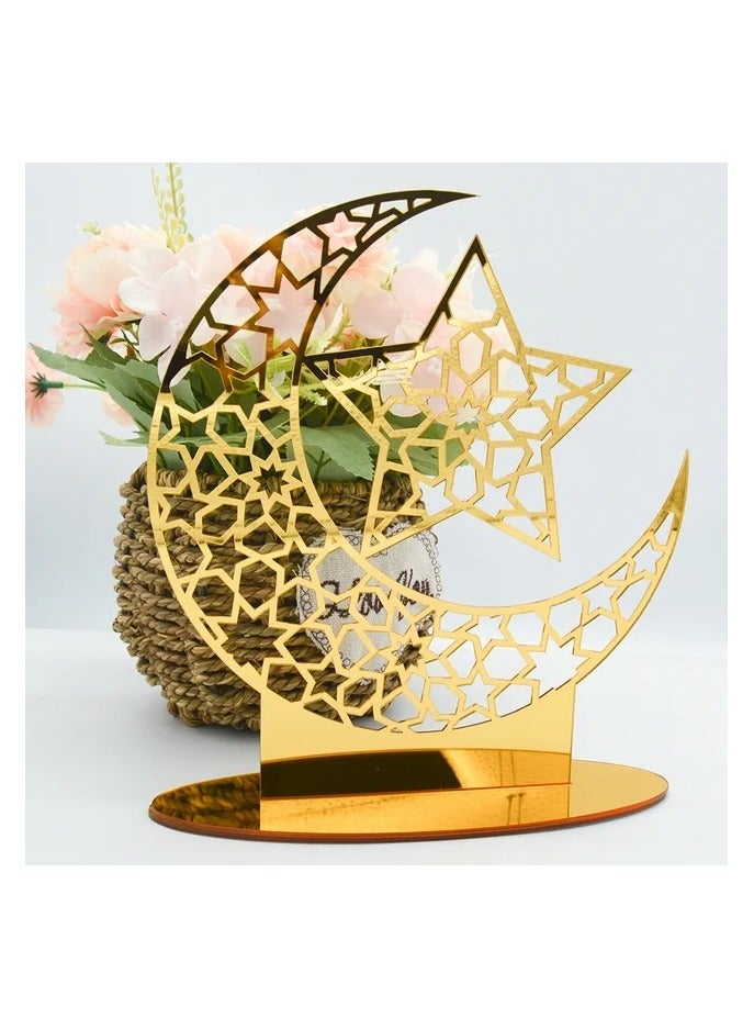 Eworld Exquisite Acrylic Ramadan and Eid Tabletop Decor for Home, Perfect Islamic Lightweight Star Crafted Crescent Ornaments, Radiant in Gold - Image 3