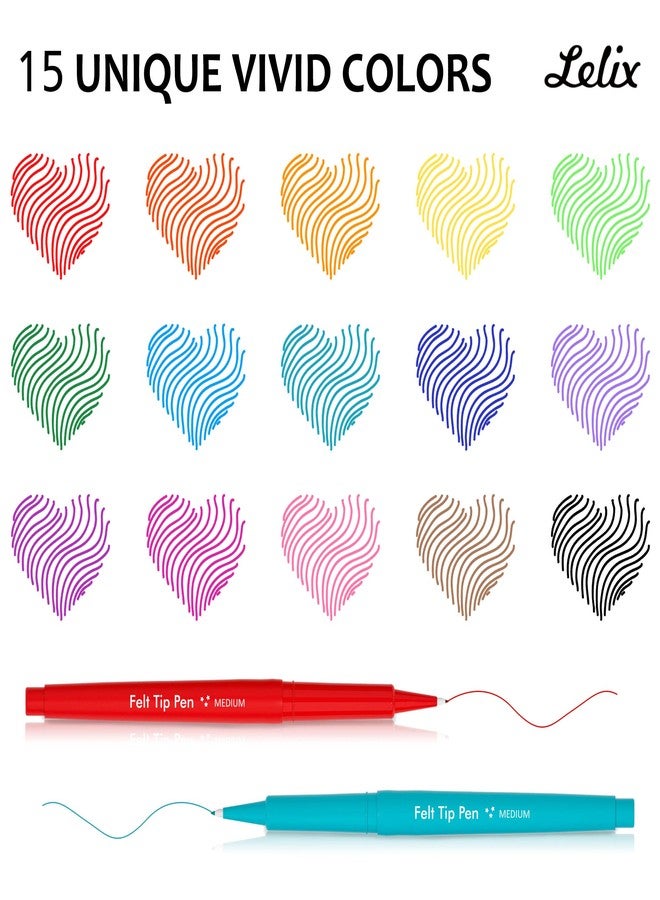 Lelix Felt Tip Pens, 15 Colors, 0.7mm Medium Point, Felt Tip Markers Pens for Journaling, Writing, Note Taking, Planner, Perfect for Art Office and School Supplies - Image 3