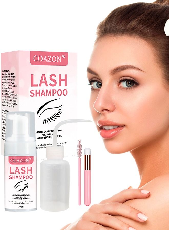 COAZON Lash Shampoo for Lash Extensions Eyelash Extension Cleanser Oil Free Foam Soap Lash Bath for Cluster Lashes Wash Oil Dust Care Lash Cleaning Kit with Rinse Bottle Brush  - Image 1