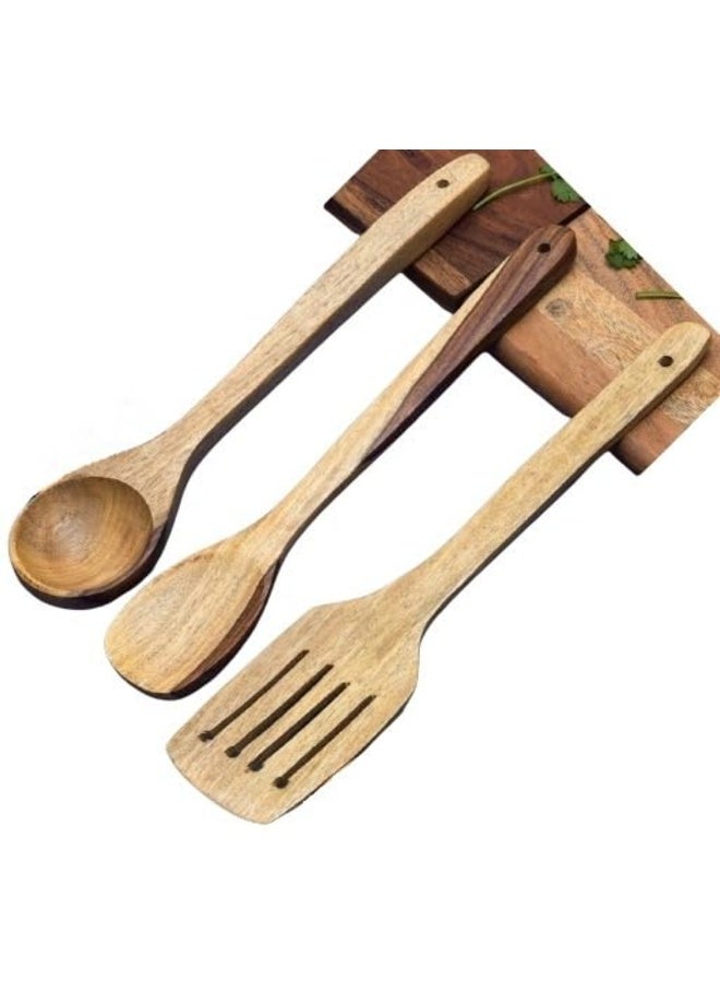 Flavoma Natural Sheesham Wood Spoon Set of 3 | Handmade Cooking Spoon Set | Frying Spoon, Slotted Turner, Serving Spoon | Wooden for Nonstick Cookware Kitchen Utensils | Kitchen Utensils - Image 1