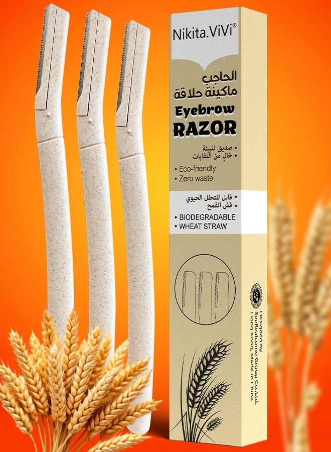 3 Pcs Eyebrow Razor Biodegradable Face Razor Eyebrow Shaper Recycled Wheat Straw Material Face Facial Razors Biodegradable Eyebrow Razor Eco Friendly Beauty Tool Stainless Steel Brow Razor