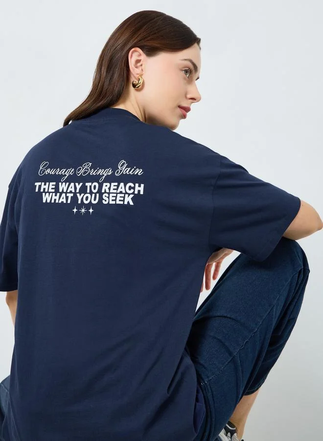 Styli Women Navy Blue Slogan Oversized T-Shirt