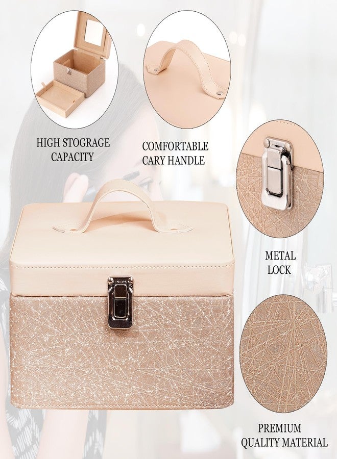 Hard Craft Large Capacity Cosmetic Bags for Womens Girls Bride Multi Functional Beauty Case Wedding Makeup Jewelery Bridal Box Leather Storage Organizer Bag for Home Travel with Mirro Handle (Gold) - Image 3