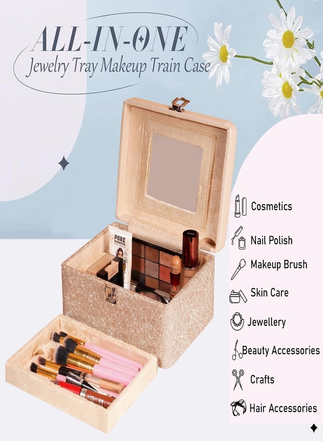Hard Craft Large Capacity Cosmetic Bags for Womens Girls Bride Multi Functional Beauty Case Wedding Makeup Jewelery Bridal Box Leather Storage Organizer Bag for Home Travel with Mirro Handle (Gold) - Image 2