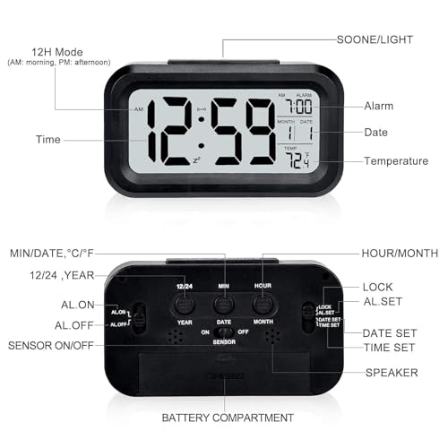 SUEFOR Digital Alarm Clock with Automatic Sensor, Date and Temperature Display, Compact Desk Table Clock for Students, Home, Office, Bedroom, Living Room,Home Decor, Corporate Use (Black Digital) - Image 2