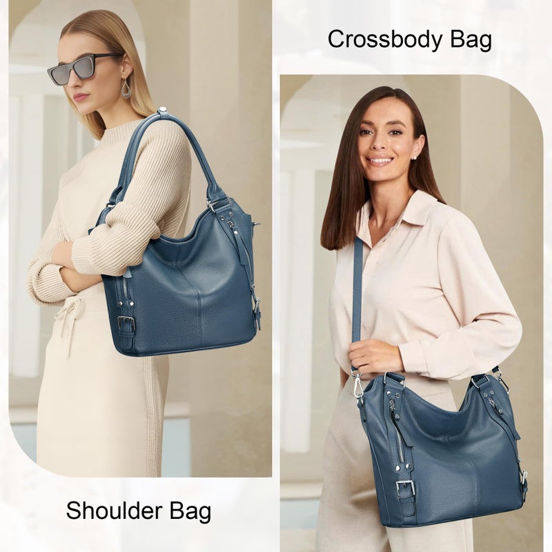 Over Earth Genuine Leather Handbags for Women Hobo Shoulder Bags Ladies Tote Bag(O172E Indigo Blue) - Image 2
