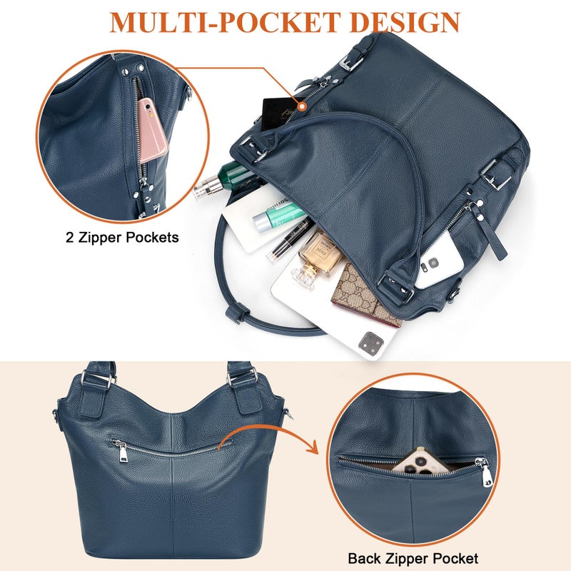 Over Earth Genuine Leather Handbags for Women Hobo Shoulder Bags Ladies Tote Bag(O172E Indigo Blue) - Image 4