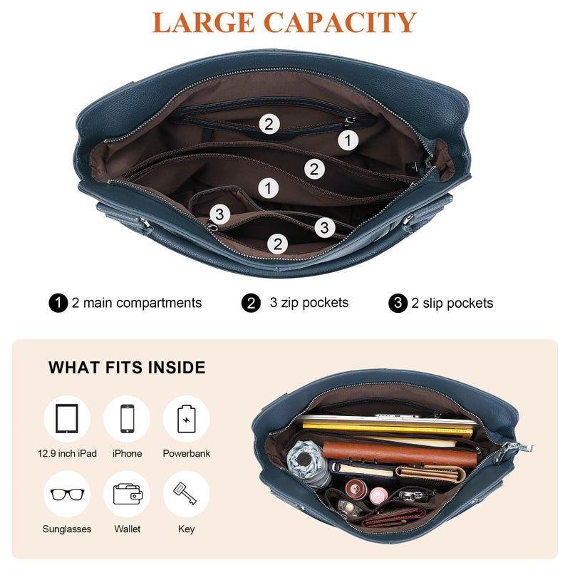 Over Earth Genuine Leather Handbags for Women Hobo Shoulder Bags Ladies Tote Bag(O172E Indigo Blue) - Image 5