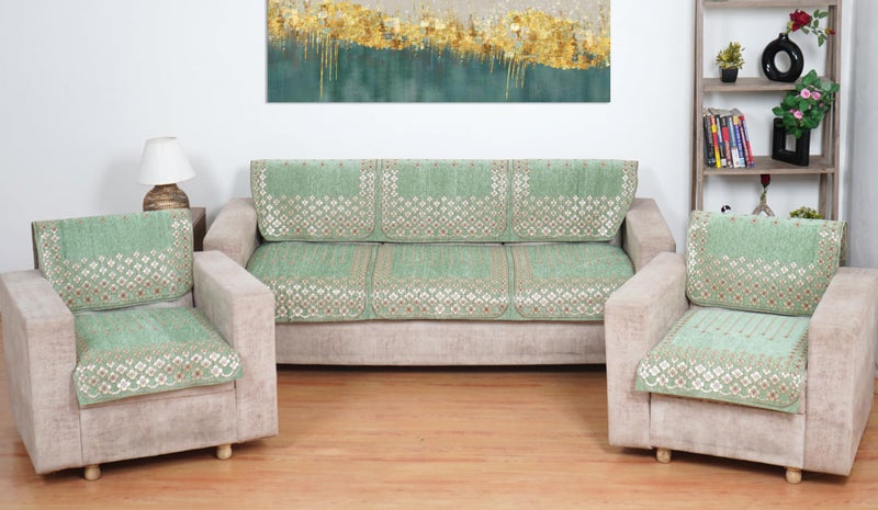 MORADO Chenille 5 Seater Sofa Set Slipcover for Living Room, Drawing Room and Offce Star Pattern (3 Sitting +3 Slip Sofa Cover + 2 Sitting +2 Back Sofa Cover) - Light Green - Image 1