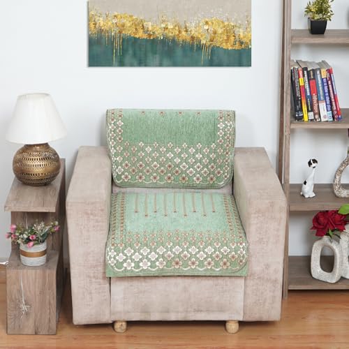 MORADO Chenille 5 Seater Sofa Set Slipcover for Living Room, Drawing Room and Offce Star Pattern (3 Sitting +3 Slip Sofa Cover + 2 Sitting +2 Back Sofa Cover) - Light Green - Image 4