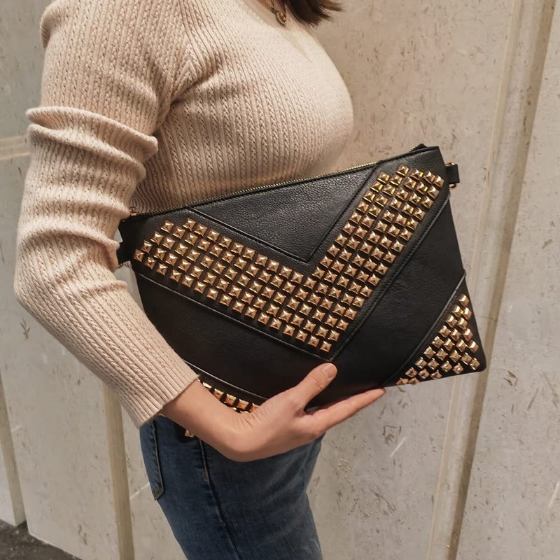 NIGEDU Oversized Clutch Bag Purse Women PU Leather Crossbody Shoulder Bags Studded Wristlet Handbag Rivet Envelope Clutches (Black & Gold) - Image 2