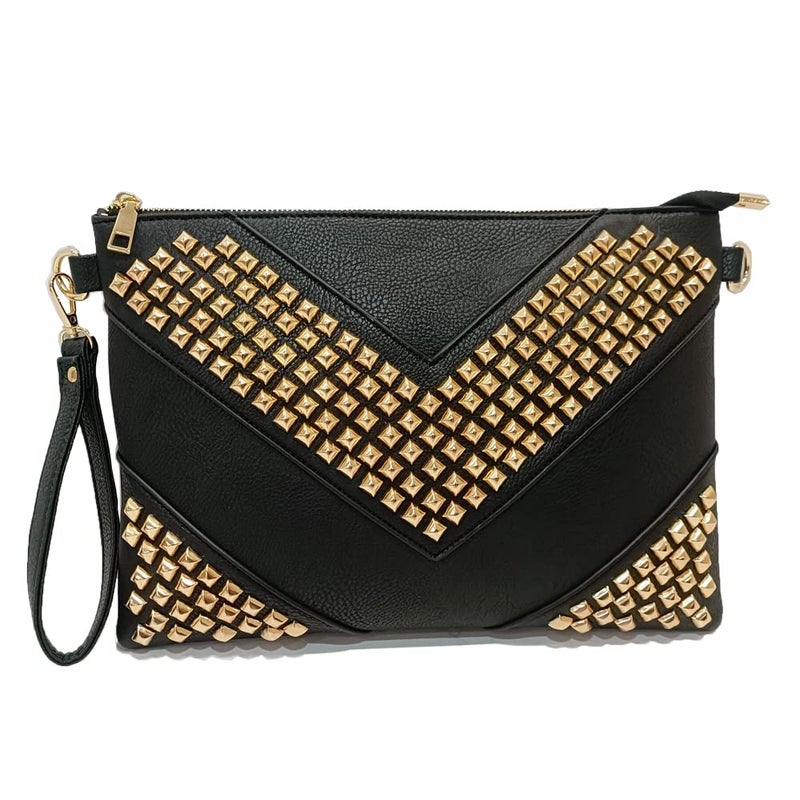 NIGEDU Oversized Clutch Bag Purse Women PU Leather Crossbody Shoulder Bags Studded Wristlet Handbag Rivet Envelope Clutches (Black & Gold) - Image 1