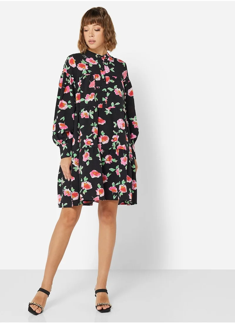 VERO MODA Floral Tiered Long Sleeve Mini Dress