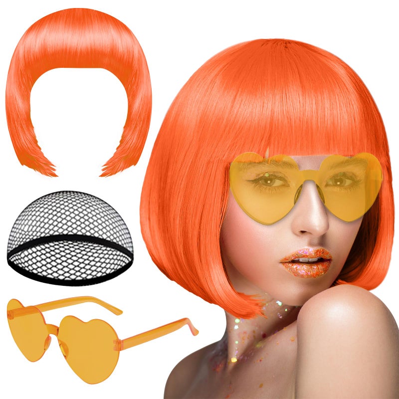 PLULON Orange Short Bob Wig and Sunglass Set, Neon Short Bob Wig Sunglass Pack Costume Colorful Cosplay Wig Hairpieces for Bachelorette Neon Party Favors, Halloween Decorations - Image 1
