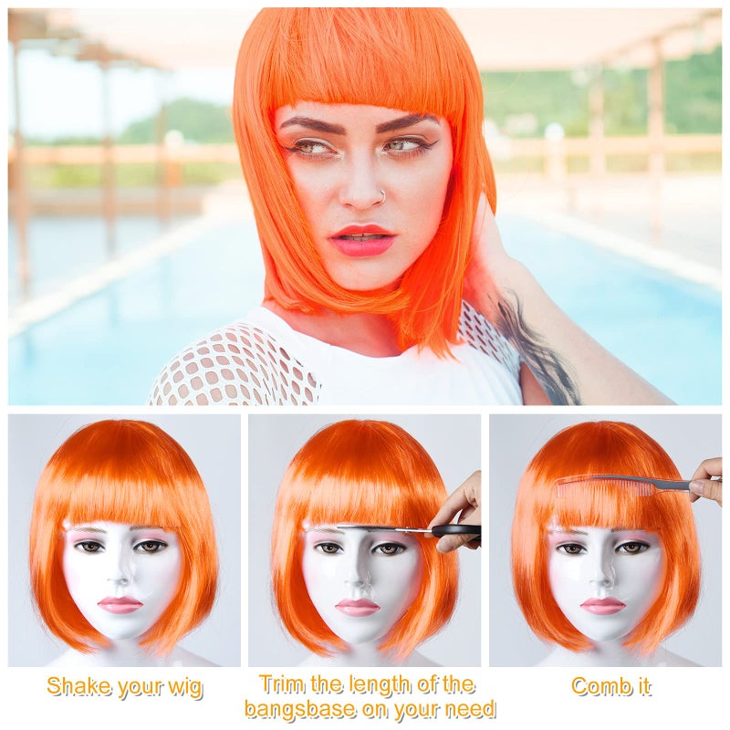 PLULON Orange Short Bob Wig and Sunglass Set, Neon Short Bob Wig Sunglass Pack Costume Colorful Cosplay Wig Hairpieces for Bachelorette Neon Party Favors, Halloween Decorations - Image 3