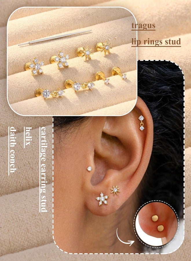 Sanfenly Threadless Flat Back Earrings Studs 316L Surgical Steel Push in Nose Studs Rings CZ Tragus Cartilage Helix Conch Labret Lip Nostril Medusa Piercing Jewelry Hypoallergenic 18G Gold - Image 3