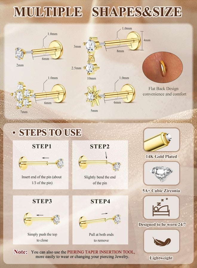 Sanfenly Threadless Flat Back Earrings Studs 316L Surgical Steel Push in Nose Studs Rings CZ Tragus Cartilage Helix Conch Labret Lip Nostril Medusa Piercing Jewelry Hypoallergenic 18G Gold - Image 2