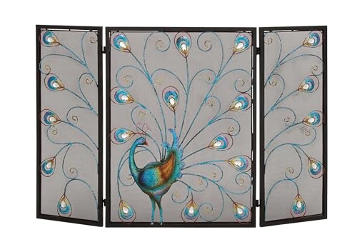 Deco 79 Deco 79 Metal Peacock Fireplace Screen Rainbow 3 Panel with Crystal Accents and Black Frame 48 x 1 x 32 Blue
