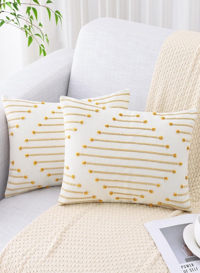 Mecatny Boho Outdoor Throw Pillow Covers 12X20 Set of 2, Farmhouse Lumbar Pillow Covers for Couch Sofa Living Room, Yellow & White - Image 1