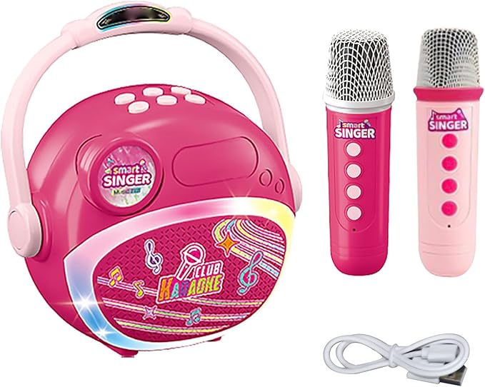 آلة كاريوكي محمولة وردية اللون مع ميكروفونين لاسلكيين مزدوجين للحفلات المنزلية والهواء الطلق - Image 1