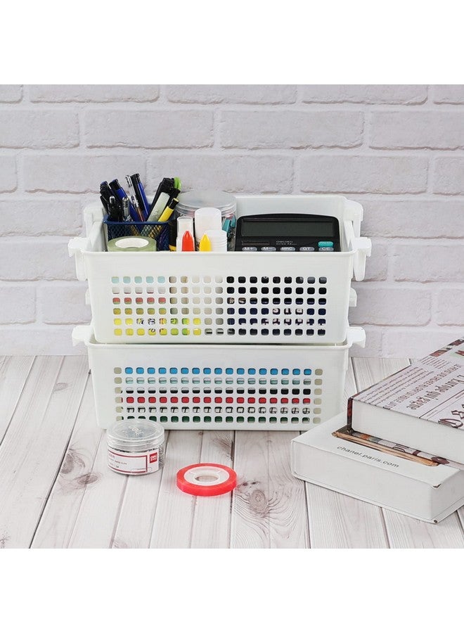 Saedy 4 Packs Plastic Baskets with Handle, Stackable Basket Organizer Bin, White - Image 5