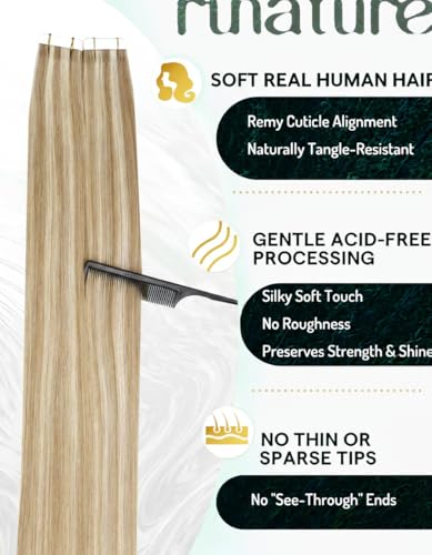 RUNATURE Tape in Hair Extensions Human Hair 20 Inch Straight Real Hair Tape in Extensions Long Remy Tape ins Human Hair Extensions Ash Brown with Platinum Blonde Glue in Hair Extension 50g 20pcs - Image 5