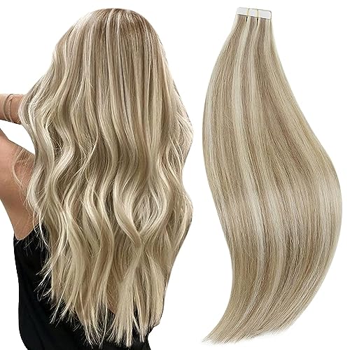 RUNATURE Tape in Hair Extensions Human Hair 20 Inch Straight Real Hair Tape in Extensions Long Remy Tape ins Human Hair Extensions Ash Brown with Platinum Blonde Glue in Hair Extension 50g 20pcs - Image 2