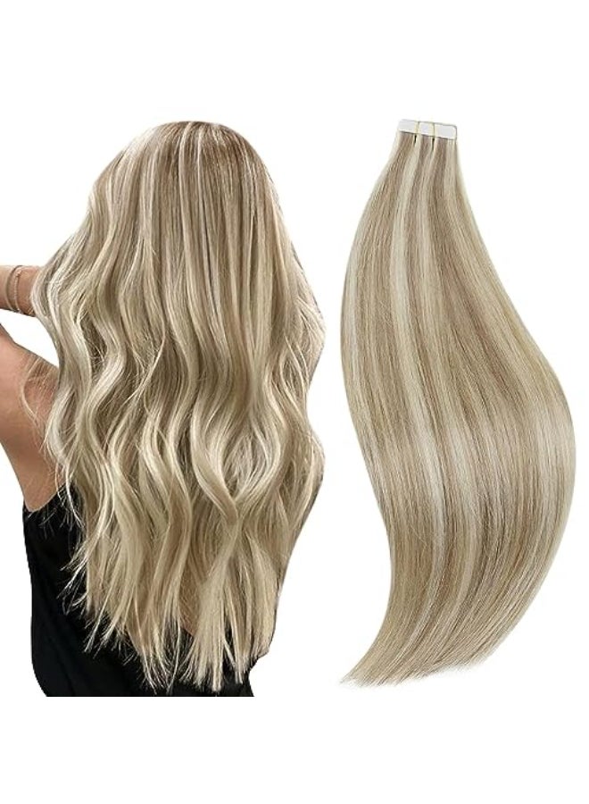 RUNATURE Tape in Hair Extensions Human Hair 20 Inch Straight Real Hair Tape in Extensions Long Remy Tape ins Human Hair Extensions Ash Brown with Platinum Blonde Glue in Hair Extension 50g 20pcs - Image 1