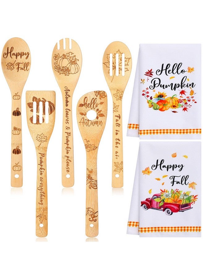 Minatee 7 Pcs Fall Kitchen Decor Set, Including 2 Pcs Autumn Kitchen Towels Funny Dish Towel and 5 Pcs Wooden Spoons Bamboo Utensils Gifts for Housewarming Friends Families - Image 1