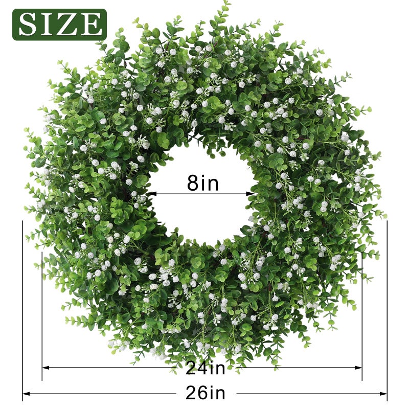 FOTEEWL 26" Artificial Eucalyptus Wreath with Baby's Breath for Front Door - Faux Eucalyptus Leaves, Fake Spring/Summer Greenery Flowers Wreath for Porch, Farmhouse, Wall, Window Outdoor Decor - Image 5
