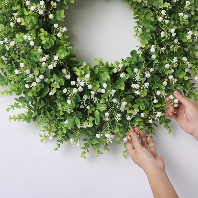 FOTEEWL 26" Artificial Eucalyptus Wreath with Baby's Breath for Front Door - Faux Eucalyptus Leaves, Fake Spring/Summer Greenery Flowers Wreath for Porch, Farmhouse, Wall, Window Outdoor Decor - Image 4