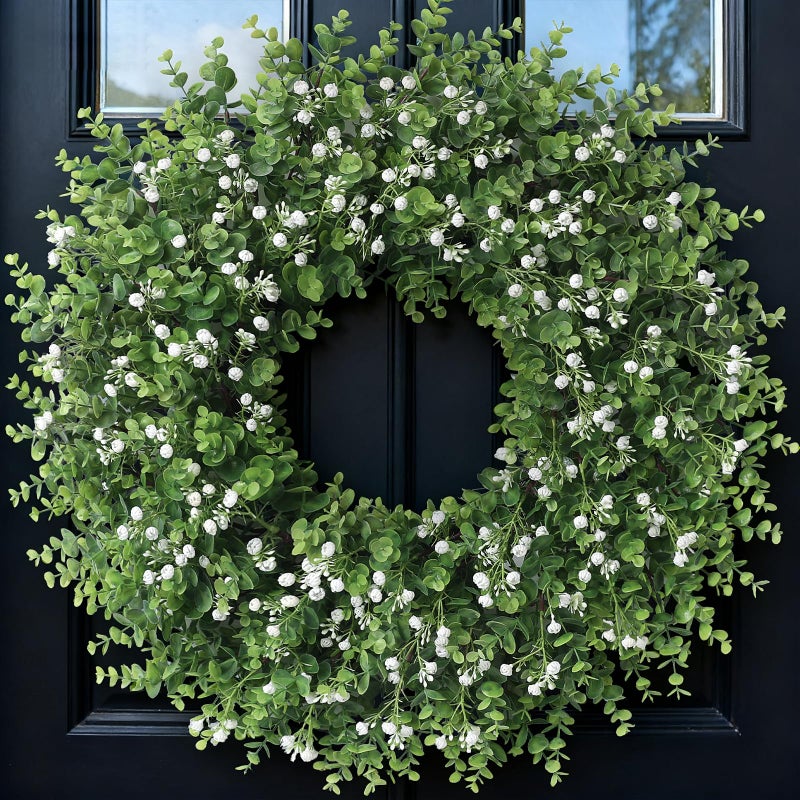 FOTEEWL 26" Artificial Eucalyptus Wreath with Baby's Breath for Front Door - Faux Eucalyptus Leaves, Fake Spring/Summer Greenery Flowers Wreath for Porch, Farmhouse, Wall, Window Outdoor Decor - Image 1