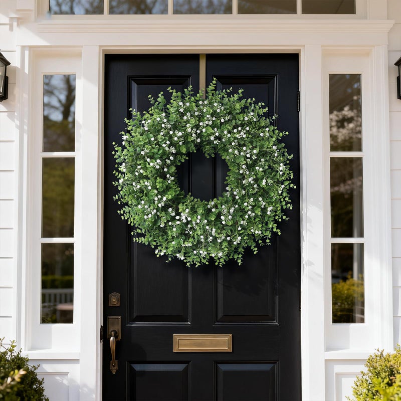 FOTEEWL 26" Artificial Eucalyptus Wreath with Baby's Breath for Front Door - Faux Eucalyptus Leaves, Fake Spring/Summer Greenery Flowers Wreath for Porch, Farmhouse, Wall, Window Outdoor Decor - Image 2
