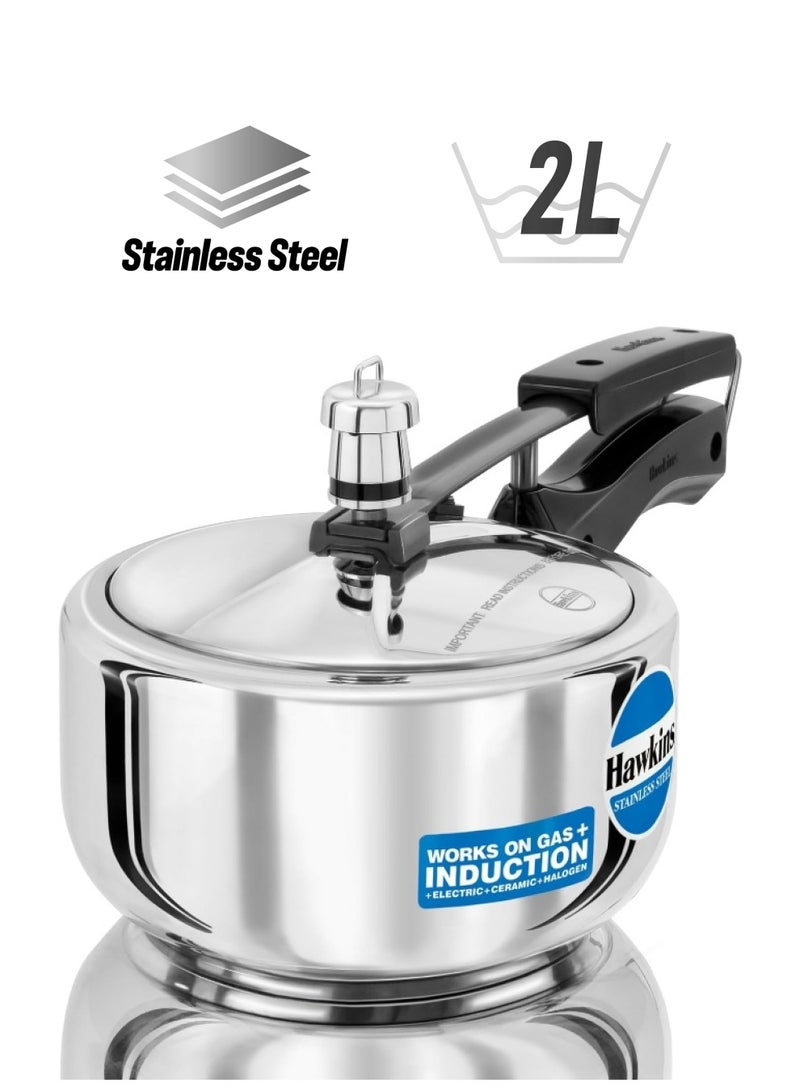 Hawkins 2 Liters Stainless Steel Pressure Cooker,With Inner Lid Induction Compatible,Silver - Image 1