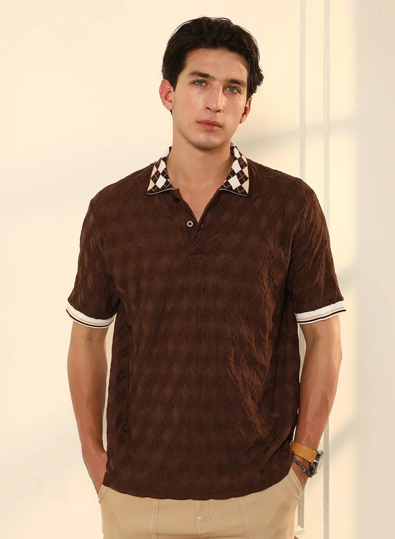 CAHOOT Men's Chocolate Brown Block Argyle-Knit Polo T-Shirt