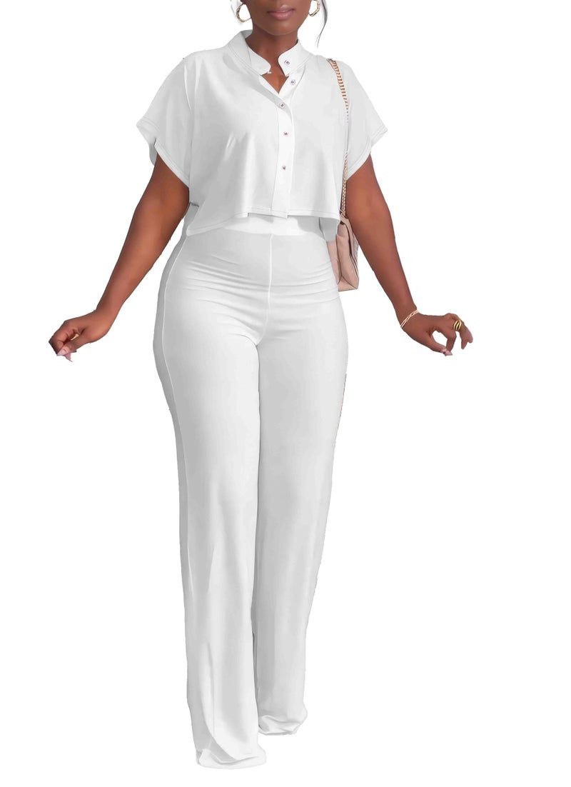 HBQ Women's Summer 2 Piece Outfits Casual Tracksuit Short Sleeve Button Down Crop Top Wide Leg Long Pant Lounge Sets-XL-White - Image 1