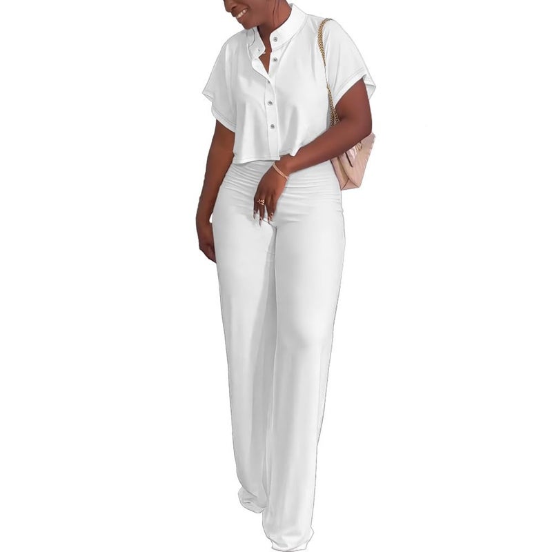 HBQ Women's Summer 2 Piece Outfits Casual Tracksuit Short Sleeve Button Down Crop Top Wide Leg Long Pant Lounge Sets-XL-White - Image 2