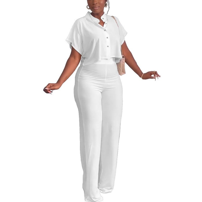 HBQ Women's Summer 2 Piece Outfits Casual Tracksuit Short Sleeve Button Down Crop Top Wide Leg Long Pant Lounge Sets-XL-White - Image 5