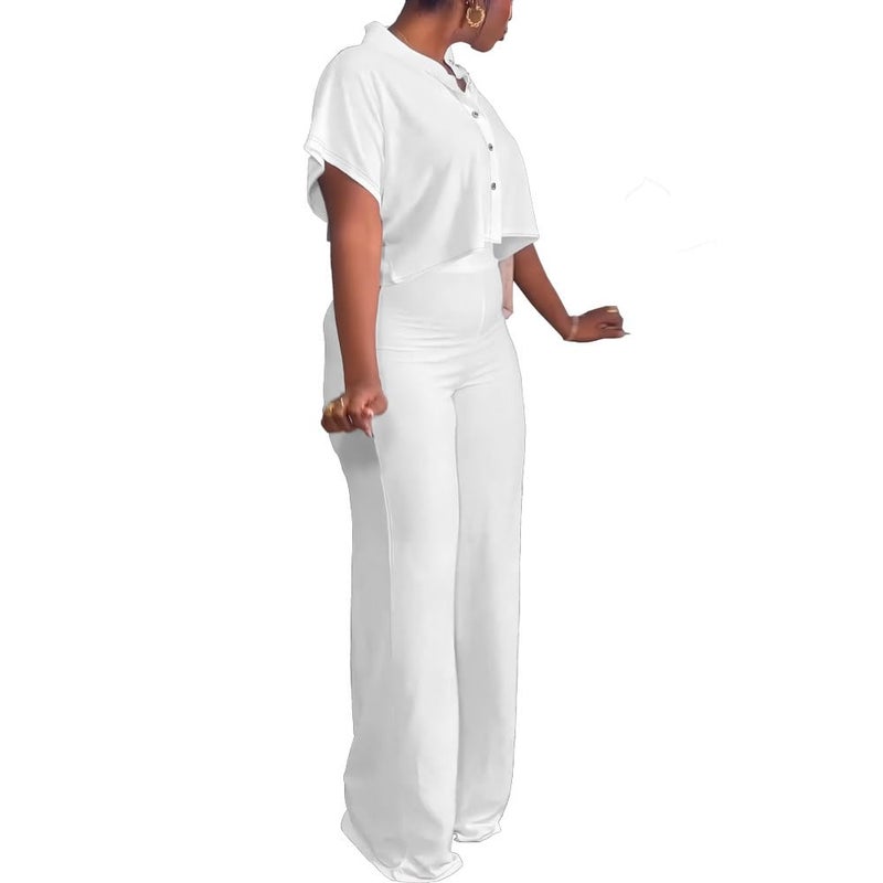 HBQ Women's Summer 2 Piece Outfits Casual Tracksuit Short Sleeve Button Down Crop Top Wide Leg Long Pant Lounge Sets-XL-White - Image 3