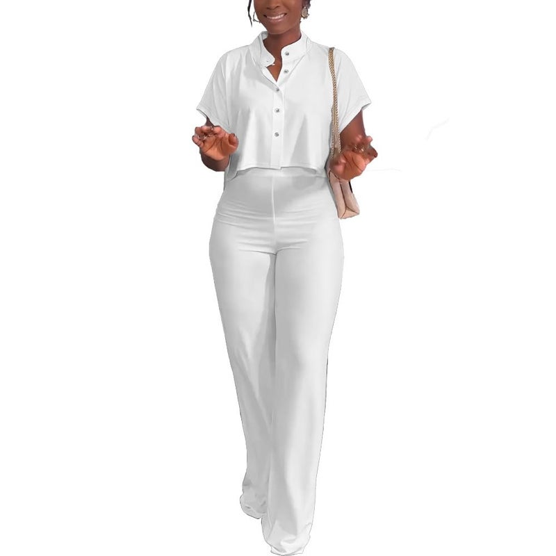 HBQ Women's Summer 2 Piece Outfits Casual Tracksuit Short Sleeve Button Down Crop Top Wide Leg Long Pant Lounge Sets-XL-White - Image 4