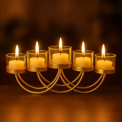 The Decor Wick Elegant Gold 5-Candle Holder for Tealights | Metal T-Light Stand for Home, Festive & Wedding Decor | Table Centerpiece Candle Holder - Image 2