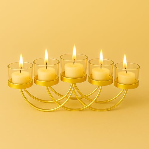 The Decor Wick Elegant Gold 5-Candle Holder for Tealights | Metal T-Light Stand for Home, Festive & Wedding Decor | Table Centerpiece Candle Holder - Image 1