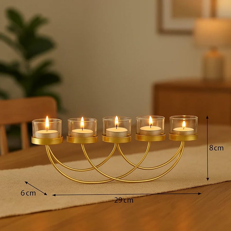 The Decor Wick Elegant Gold 5-Candle Holder for Tealights | Metal T-Light Stand for Home, Festive & Wedding Decor | Table Centerpiece Candle Holder - Image 5
