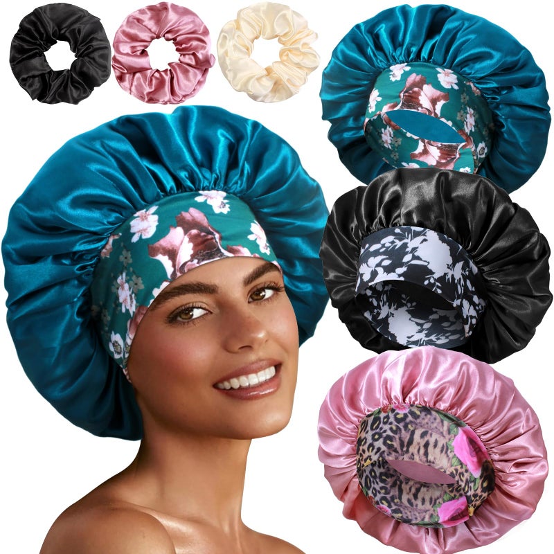 Heniho 3+3 Large Satin Bonnets with Scrunchies for Women, Wide Band Hair Bonnet for Sleeping Braids Curly Hair, D - Image 1